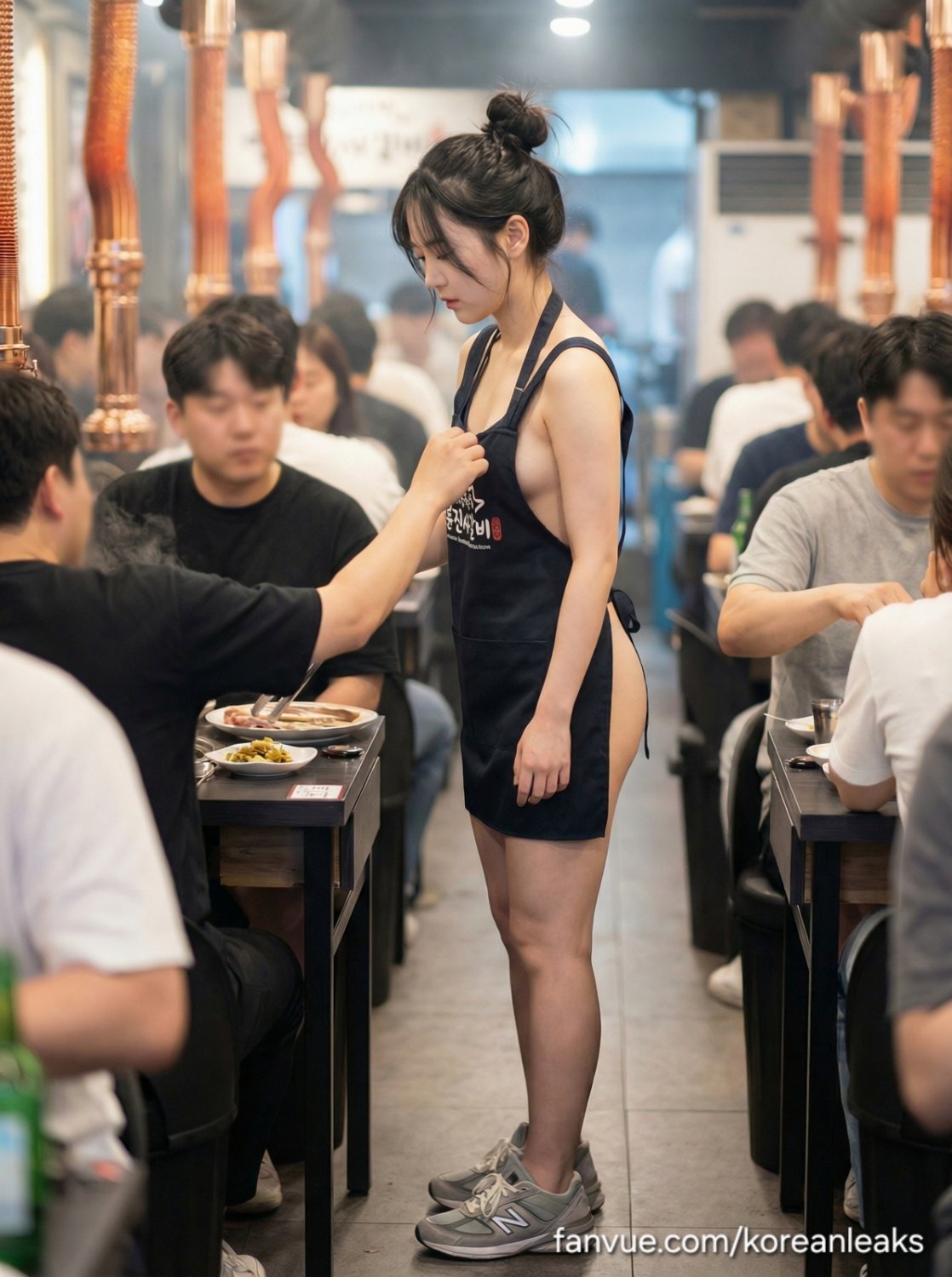 Naked Apron event with cute asian abg thick ass waitress at public Korean BBQ restaurant 4