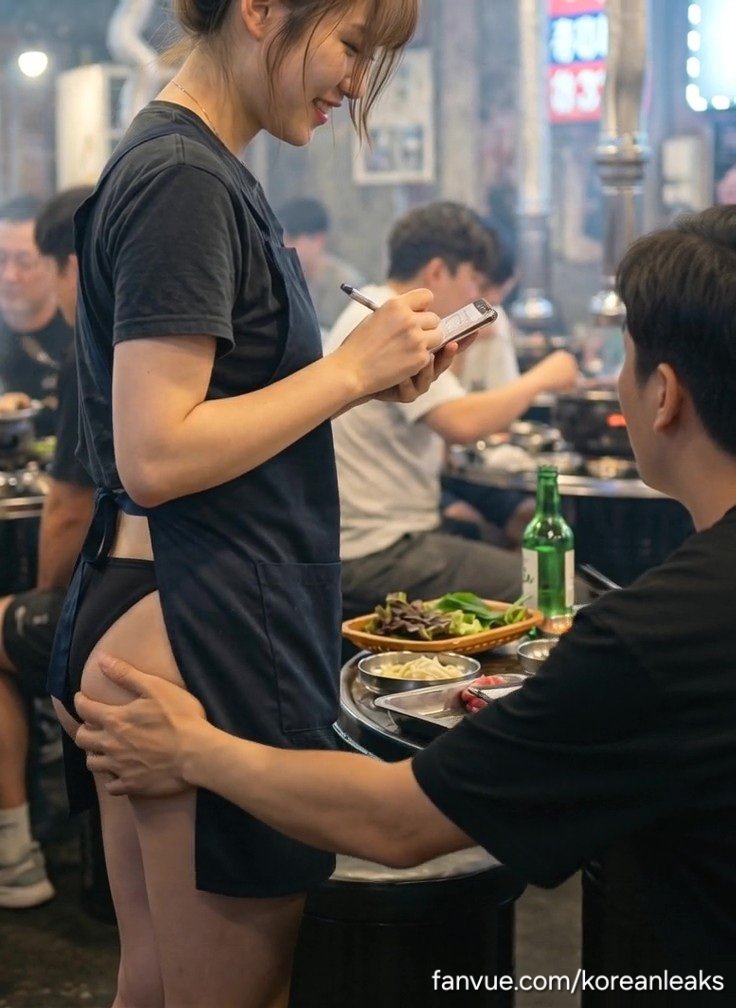 Naked Apron event with cute asian abg thick ass waitress at public Korean BBQ restaurant 2