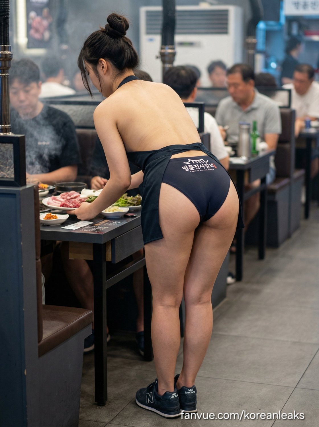 Naked Apron event with cute asian abg thick ass waitress at public Korean BBQ restaurant 6